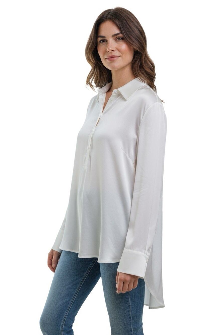 New Chico's Black Label LS Silk Blend 1/4 Button High Low Blouse White Large